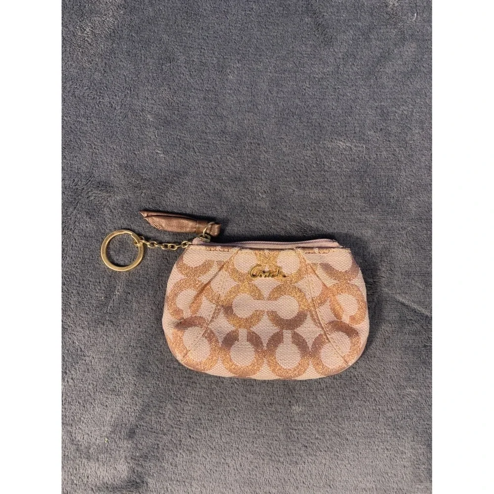 Coach Rose Gold Signature C Mini Skinny Coin Purse Key Ring Wallet Pouch